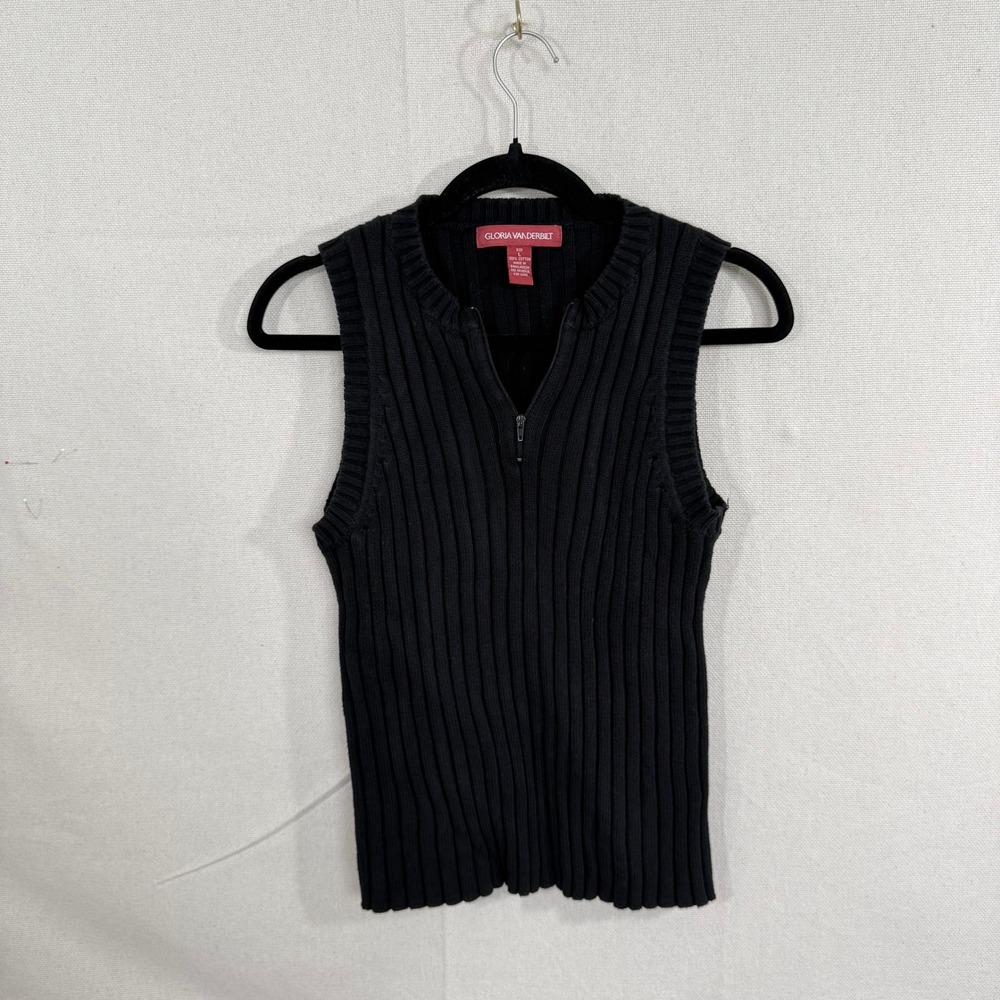 Gloria Vanderbilt Black Ribbed Quarter Zip Sweater Vest Womens Large Cotton